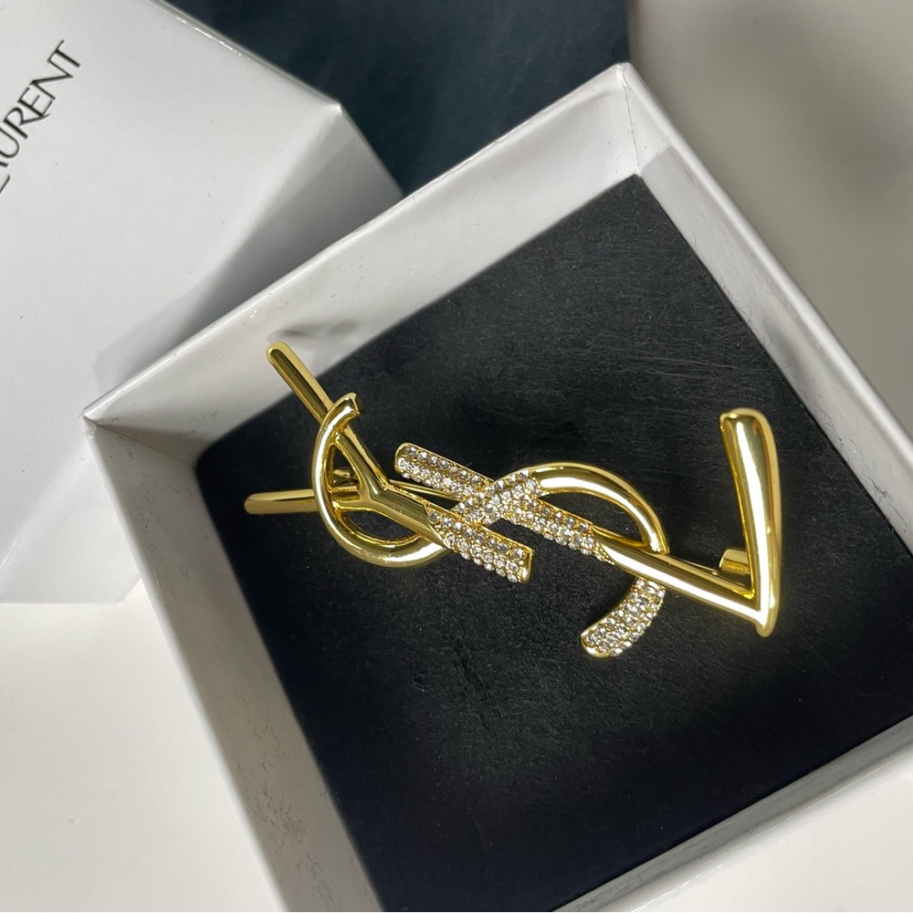 Saint Laurent Gold and Crystal Interlocking Logo Brooch